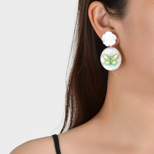 Designer Stylish Jewellery White Flower Green Butterfly Dangle Chunky Earrings