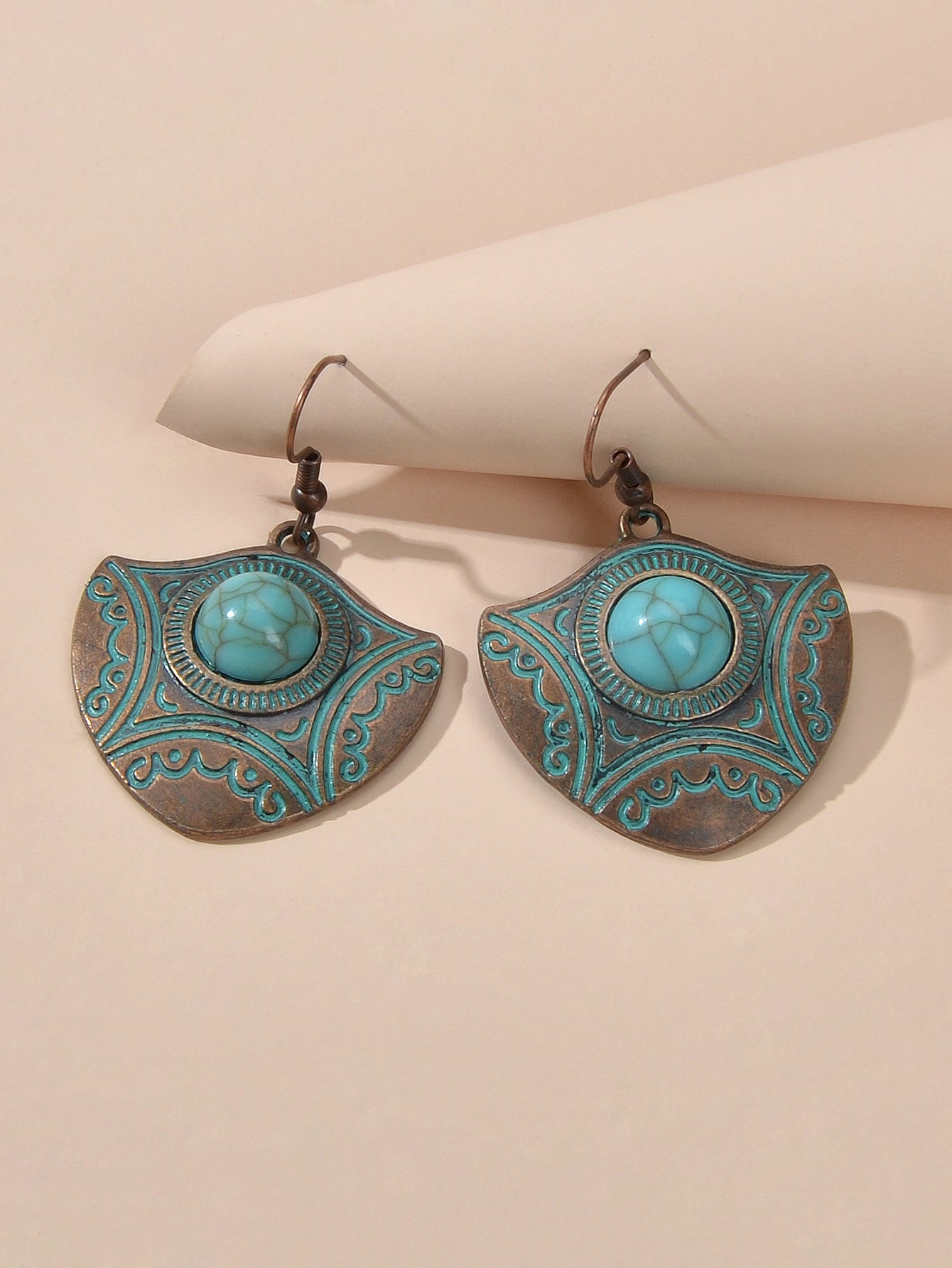 Oxidized Traditional Jewellery Beads Carved Geometric Dangle Vintage Earrings