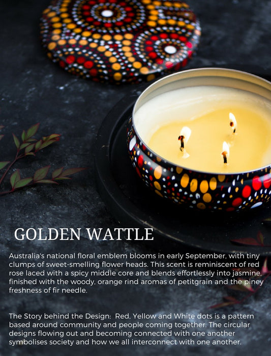 Scented Candle Golden Wattle - Yellow and Red Artwork